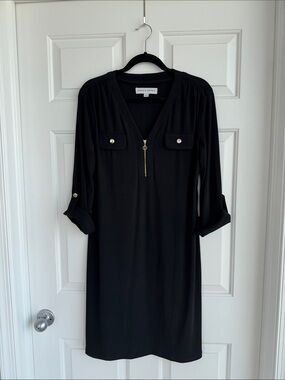 Emma & Michele Black Long-Sleeve Zip-Front Shirt Dress with Gold Buttons